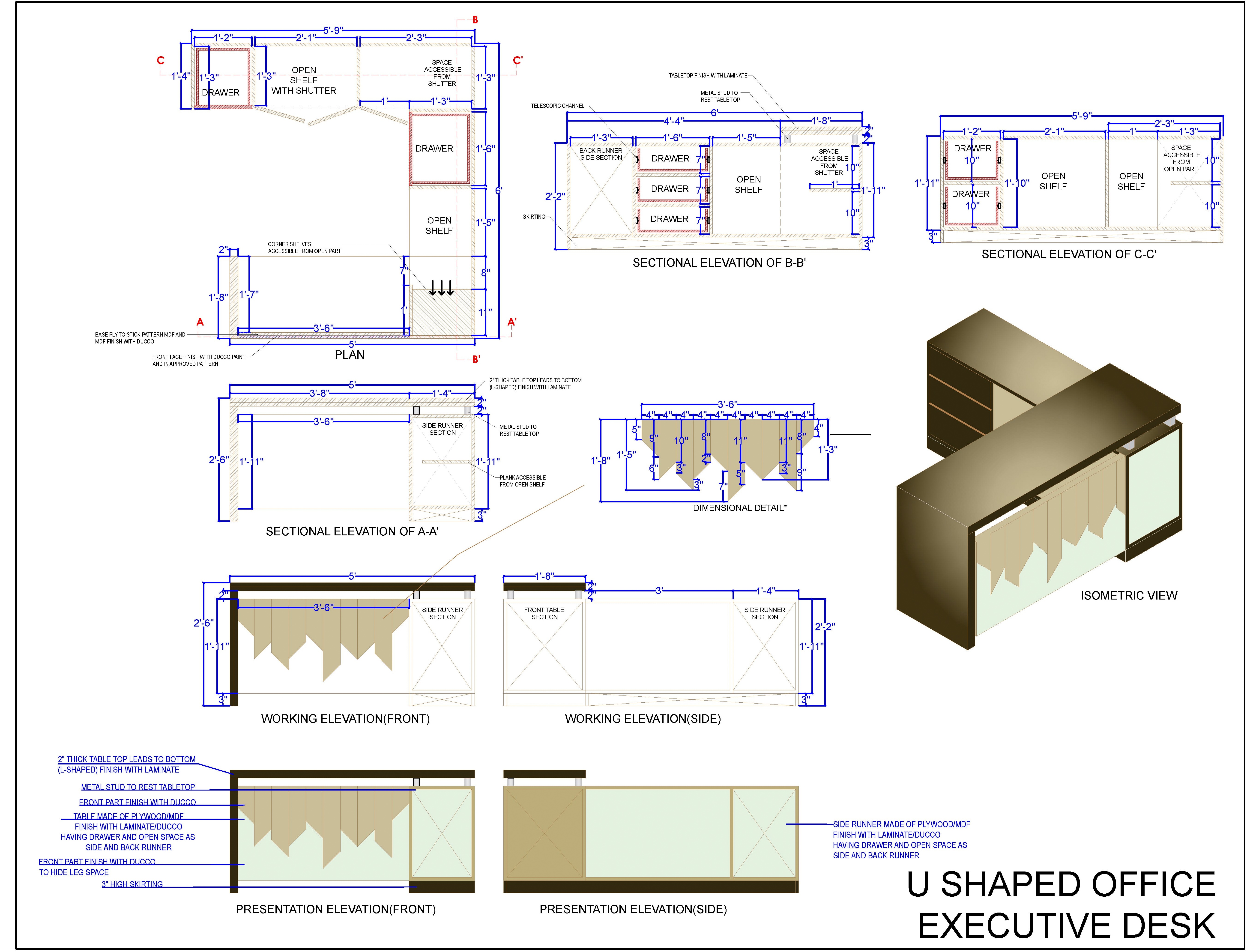 U Shaped Office Desk- Furniture CAD Drawing